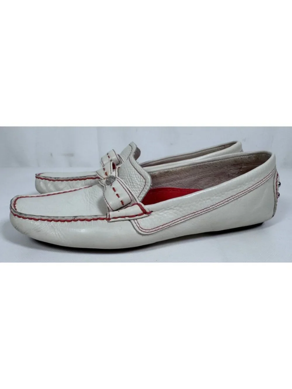 Cole Haan Women White Leather Driving Loafers Shoes Red Stitch Bow Size 8.5 B